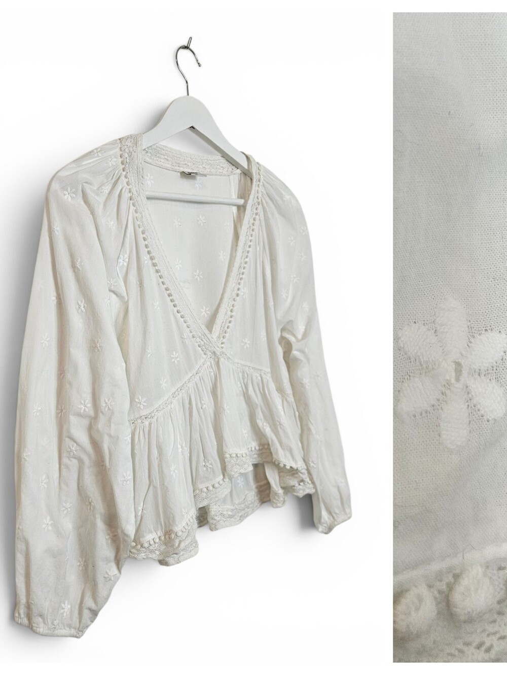 Aritzia Sunday Best Blouse M Duet Eyelet Organic Cotton Peplum Coconut White